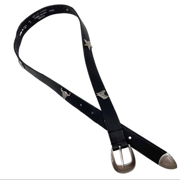 WESTERN Boho belt with conchos black leather silver pewter tip and buckle LARGE main image 6